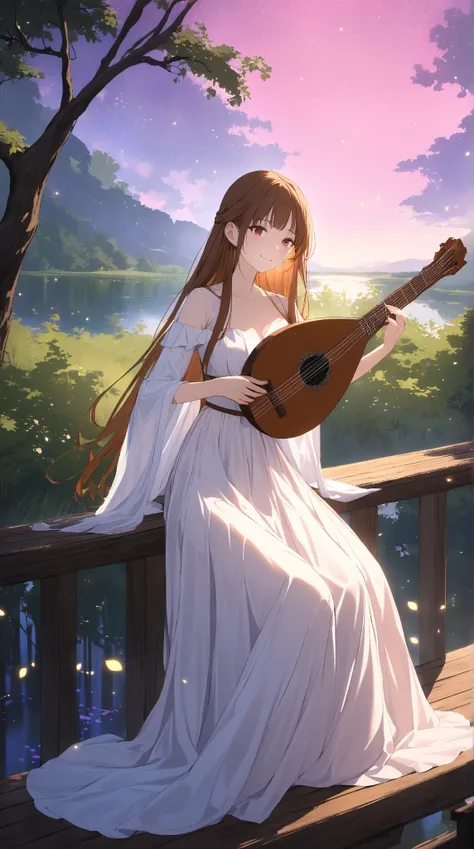 1 girl, (delicate face), 20 years old, (long straight hair), (gentle smile), large breasts, (wearing a flowing bard dress), (ankle length), (glowing skin), (strumming a lute), (lost in her music), BREAK  
Rustic wooden bridge, serene lake, (sitting gracefu...