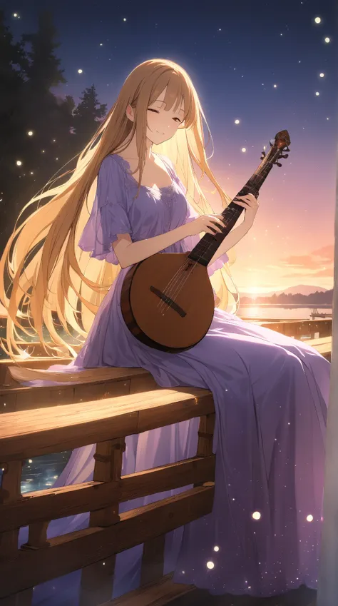 1 girl, (delicate face), 20 years old, (long straight hair), (gentle smile), large breasts, (wearing a flowing bard dress), (ankle length), (glowing skin), (strumming a lute), (lost in her music), BREAK  
Rustic wooden bridge, serene lake, (sitting gracefu...