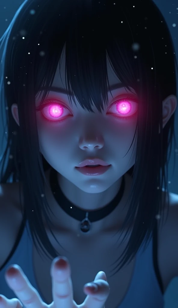 Masterpiece, 8K A close-up of an female with glowing pink eyes, dark hair, and a dark background with small white specks, suggesting a night scene or a space-like environment. The female appears to be using some form of supernatural or magical ability.