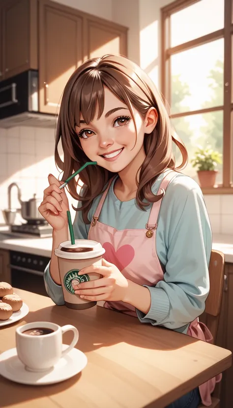 young,  long brown hair ,  brown eyes almond ,  eyes of a heart,  mischievous smile on my face, ,  big and firm boobs , muslos gruesos, Sitting drinking coffee , background kitchen