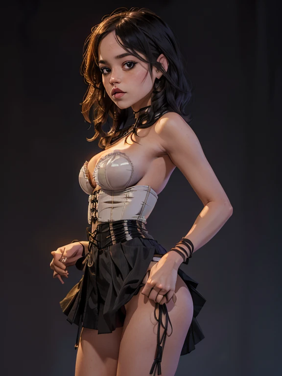 one girl, solo, (bust, upper body, front view:1.2), black eyes, Jenna Ortega, captain jack sparrow, pirate, Gothic Corset, (((Lace-Up Corsets))), black corset, (((small black micro tutu skirt))), ((((Topless)))), (big breasts, giant breasts, cleavage:1.2),...