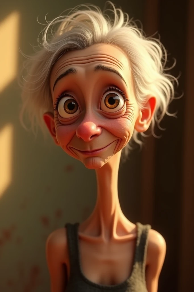  Blonde woman with short hair, skinny, Very old ,  Disney Pixar style image