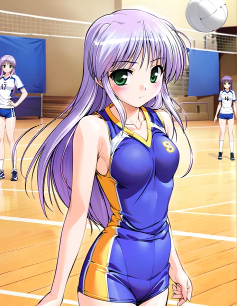 feena fam earthlight, (cowboy shot), green eyes, long hair, purple hair, ( small breasts), (volleyball uniform:1.2), (Red cheeks:1.2),  cleavage, ( volleyball court:1.3),  score_9,  score_8_superior,  score_7_superior,  source_anime, (best quality:1.2), 細部...