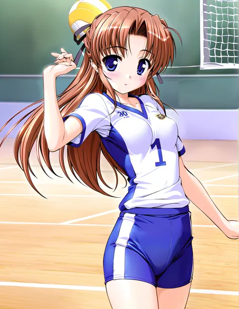 Takamizawa Natsuki, (cowboy shot), brown hair, blue eyes, long hair, ( small breasts), (volleyball uniform:1.2), (Red cheeks:1.2),  cleavage, ( volleyball court:1.3),  score_9,  score_8_superior,  score_7_superior,  source_anime, (best quality:1.2), 細部までこだ...