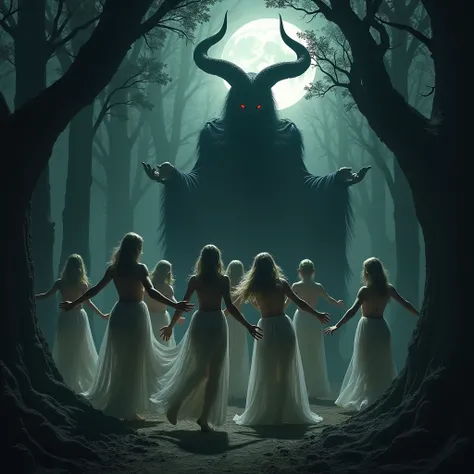 A realistic image of Witches dancing naked in a crescendo in a dark haunting forest at night under the gaze of Satan, Best Quality, HD, High Resolution, Super Detailed, Masterpiece, Award Winning, Accurate, UHD, 