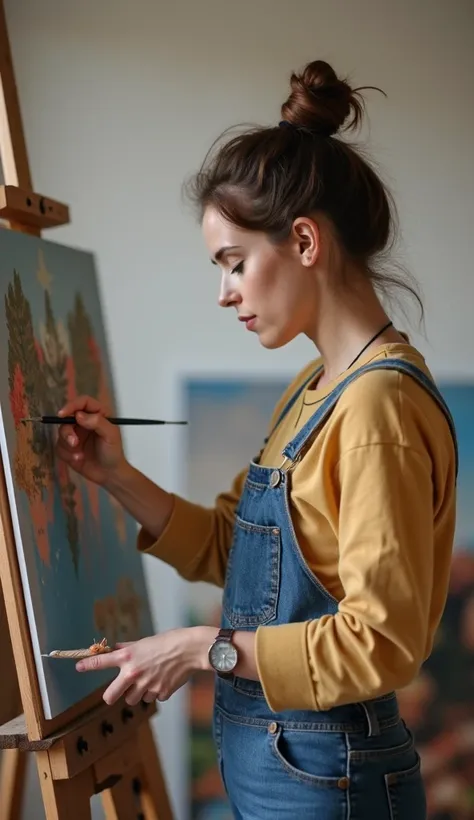 A 36-year-old woman painting in an art studio.