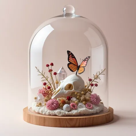  make me a glass dome with wooden base , Dried flowers , crystals ,  a small white bird skull a colorful butterfly, Everything inside on a clean and zen background, fond rose fuchsia