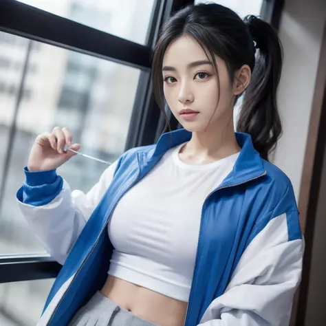 japanese,blackhair,wavy hair,thick eyebrows,arched eyebrows,Asian eyes,see-through whiteSweatpants,       see-throughshirt,blue Performance jacket(ponytail)
