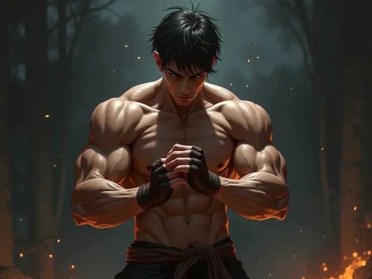 A very thin young man, shirtless, Skinny, moreno. dark background, sombrio, fighting game