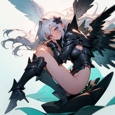 anime girl image,  silver hair ,
dark angel,((Six wings,black)),((half naked))
((Fetal position )), black armor, full scale 
((she floats below a Giant black flower)),
((evil smile))
, masterpiece,
, High resolution 