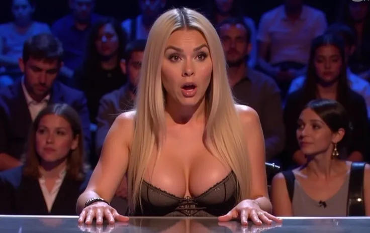 A fair-skinned woman with long, straight hair sits behind a table in what appears to be a talent show or event setting. She is wearing a low-cut dress with a modern design and structured details, reminiscent of a corset. Her facial expression is one of ext...