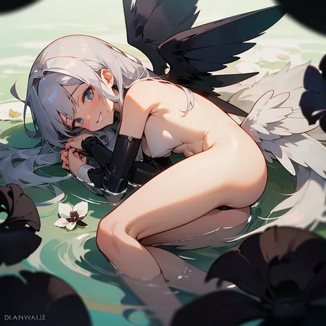 anime girl image,  silver hair ,
dark angel,((Six wings,black)),((half naked))
((Fetal position )), black armor, full scale 
((she floats below a Giant black flower)),
((evil smile))
, masterpiece,
, High resolution 