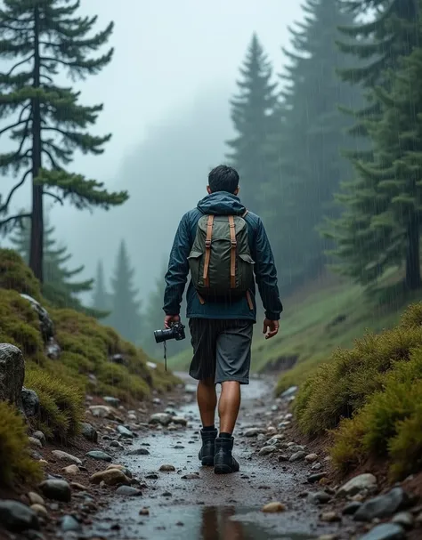 , it appears that a man with a backpack walks in the rain (in heavy rain) along a mountain path among lonely bushes and rare trees (crooked mountain pine), boulders, stones, earth, clay , the tourist is wearing knee-length shorts and high dark hiking boots...