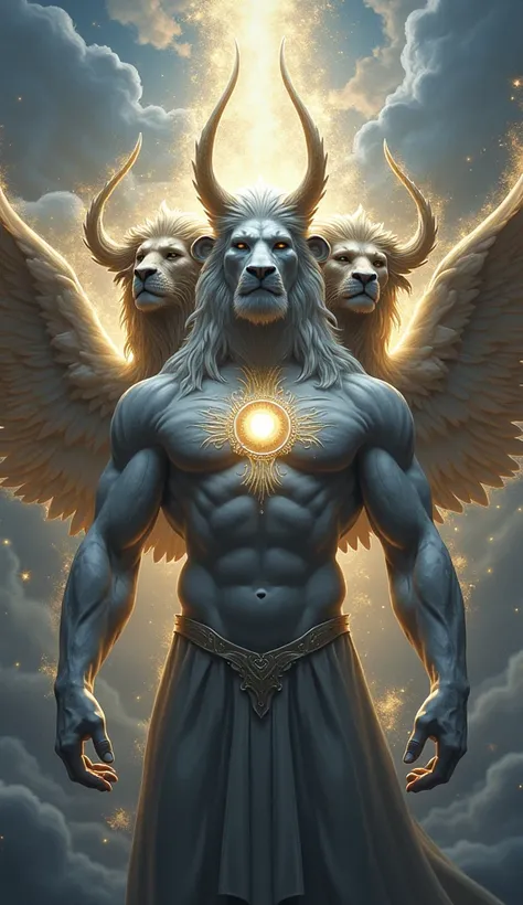 Create an image of an angel with 3 faces one a lion , another face a man a face a bull and a chest an all-seeing eye.