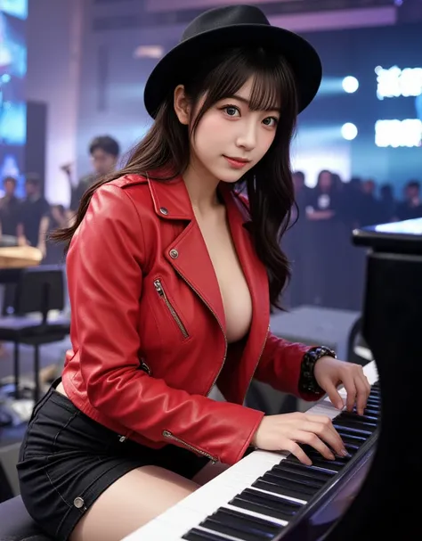 (( full body photo)), (( dark eyes)), ((nude)), (( completely naked)), ((Long bob hair with black hair split in the middle)), ((not wearing panties)), ((Real photo)), ((playing piano)), ((bright-red leather biker jacket)), ((black wool hat)), ((rock concer...