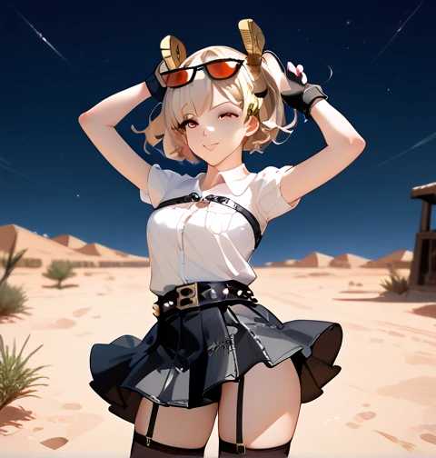  1girl,One,_ZZZ,  Short hair,  short double tails,  hair ornament , dances, Night, having fun,  facing the viewer , very sexy, erotica,  leans forward,  sunglasses , on the head , desert area,  eyes against the background of an abandoned gas station, White...