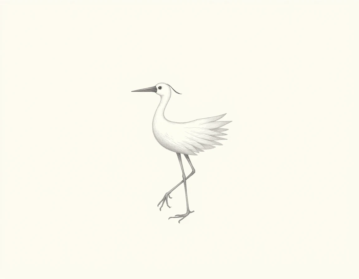 Minimalist Japanese illustration of a stork, with delicate and elegant lines. Black and white, focusing on simple, flowing shapes. 