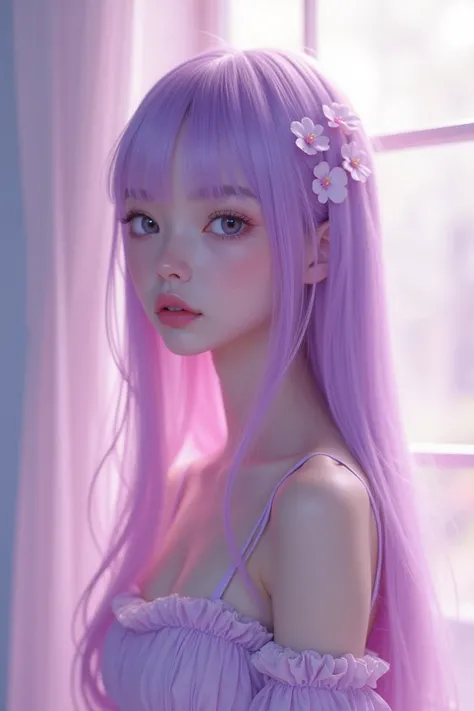  A  girl who measures 1 .56 who loves the  "pastel purple"  so she is dressed in that color just like her hair ,  her hair reaches below her knees and her hair is straight , tiene ojos morados pastel y accesorios pastel purple. ( I want something realistic...