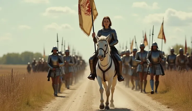  On a wide and dusty road that extends across the field ,  a small army of two to three thousand men marches with determination . Ahead,  riding a white horse and raising a flag that displays a cross and sacred symbols, Is Joan of Arc .  Dressed in simple ...