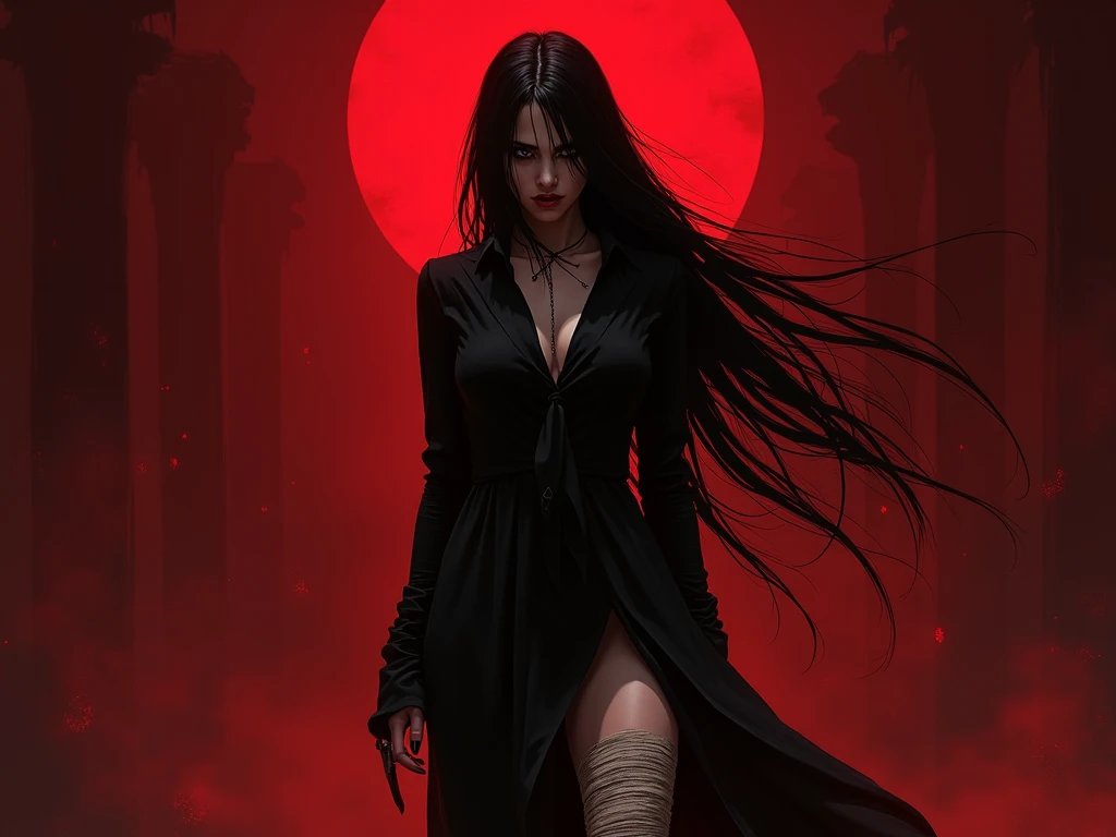 red background berserk and castlevania style 1 girl with vampire fangs solo girl black long shirt and bandages on both her legs