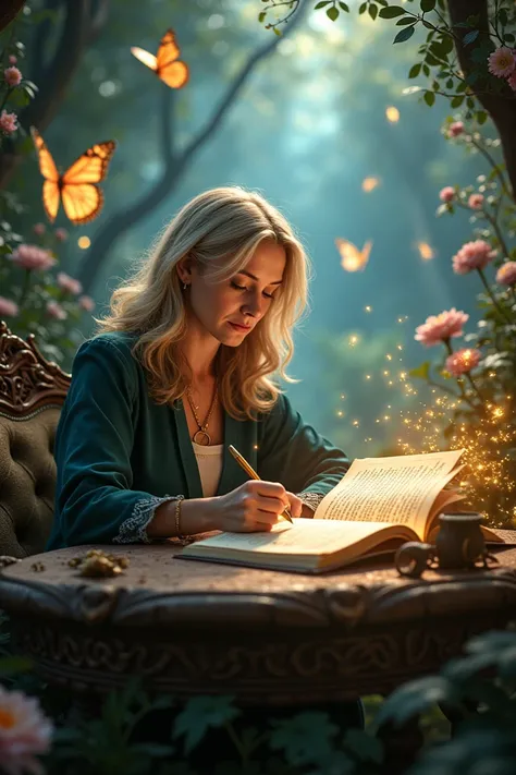 j.k. Rowling writing 
" An enchanted desk in the middle of a vibrant forest with luminous flowers and magical creatures,  like fairies and butterflies . j.k.  Rowling is sitting writing in an open book ,  as golden letters float from the pen into the air ,...