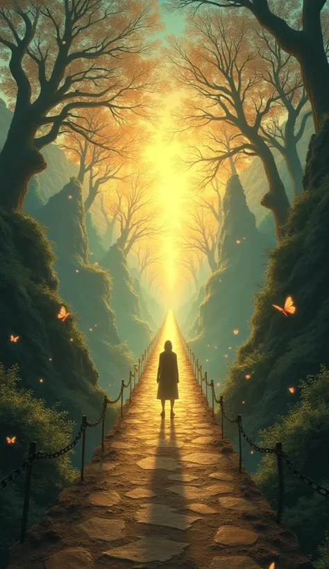 A symbolic image representing the readiness to release the past and embrace the future. The scene features a person standing at the edge of a glowing bridge that connects two realms: one side depicts the past, fading into shadows with withered trees and br...