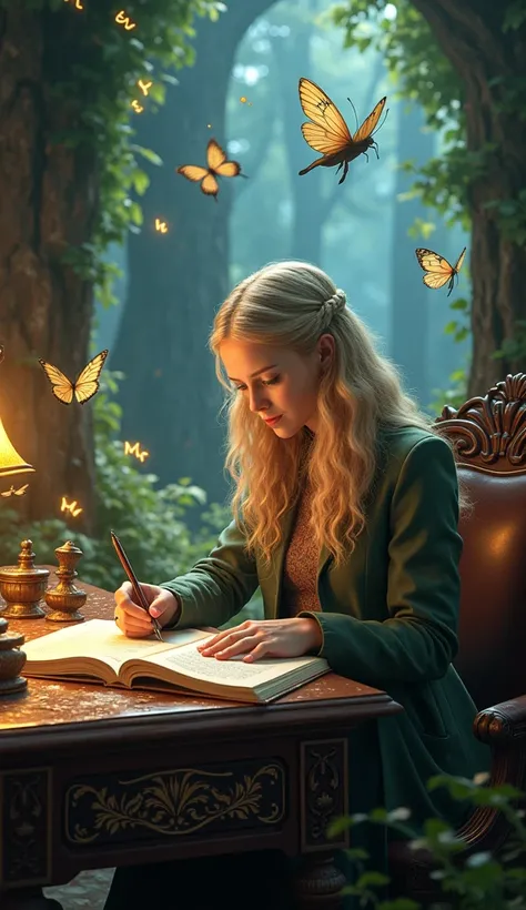 j.k. Rowling writing 
" An enchanted desk in the middle of a vibrant forest with luminous flowers and magical creatures,  like fairies and butterflies . j.k.  Rowling is sitting writing in an open book ,  as golden letters float from the pen into the air ,...