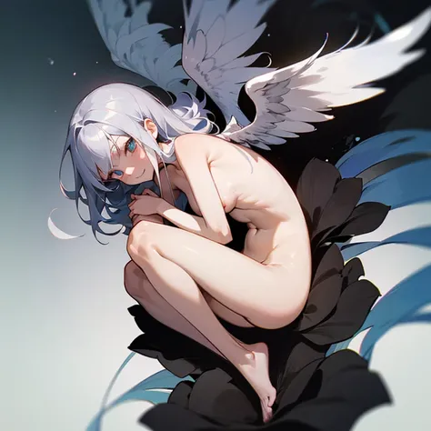 anime girl image,  silver hair ,
dark angel,((Six wings,black)),((half naked))
((Fetal position )), black armor, full scale 
((she floats below a Giant black flower)),
((evil smile))
, masterpiece,
, High resolution 