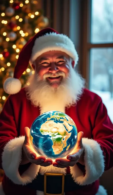 A cheerful Santa Claus holding a glowing Earth globe in his hands, symbolizing peace and unity during Christmas. Santa has a warm, joyful expression, with his classic red suit and white fluffy beard. The background features a cozy indoor setting with a bea...