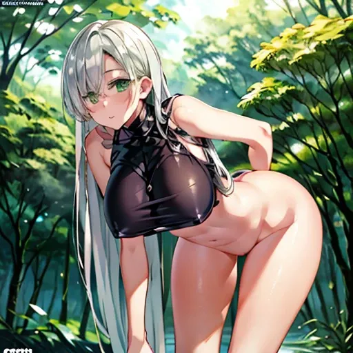 Cute teen nsfw long platinum hair and angelic face ,  slender body wide hips and thin waist ,  posing leaning forward very provocative green eyes and forests of huge trees all around 