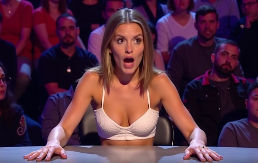 A beautiful, busty girl sits behind a table in what appears to be a talent show or event setting. She is wearing a low-cut crop top. Her facial expression is one of extreme surprise, with her eyes wide open and her mouth slightly parted in an oval shape. H...