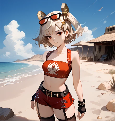  1girl,One,_ZZZ,  Short hair,  short double tails,  hair ornament , beach, having fun,  facing the viewer , very sexy, erotica,  leans forward,  sunglasses , on the head , desert area,  eyes against the background of an abandoned gas station, White,  Short...