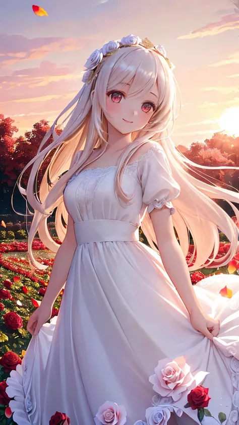 (masterpiece:1.3), (best quality:1.3), (ultra detailed:1.2), (8k wallpaper:1.2), (beautiful young girl:1.3), (white elegant dress:1.2), (long flowing hair:1.2), (gentle smile:1.1), (rose garden:1.3), (red roses:1.2), (rose petals in wind:1.1), (sunset ligh...