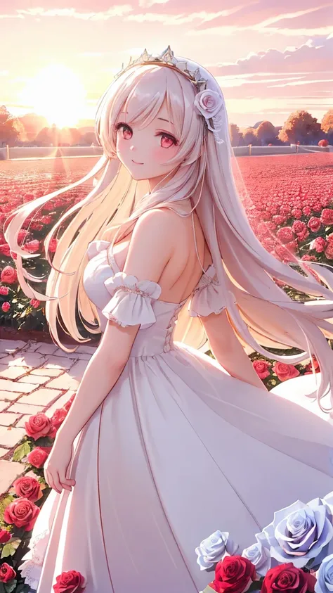 (masterpiece:1.3), (best quality:1.3), (ultra detailed:1.2), (8k wallpaper:1.2), (beautiful young girl:1.3), (white elegant dress:1.2), (long flowing hair:1.2), (gentle smile:1.1), (rose garden:1.3), (red roses:1.2), (rose petals in wind:1.1), (sunset ligh...