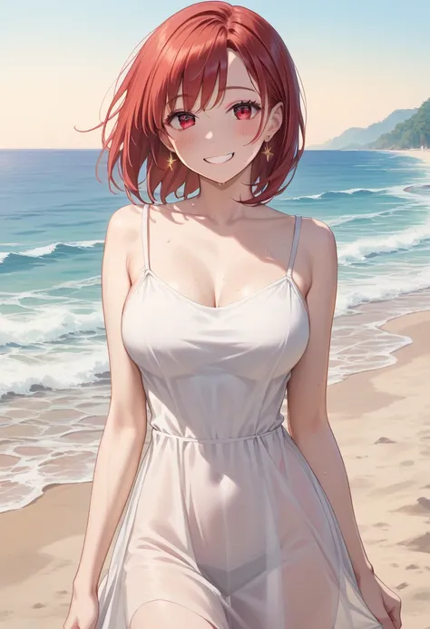 (score_9, score_8_up, score_7_up, score_6_up), anime, high res image, Beautiful girl with slim body, (masterpiece, detailed:1.2), (1girl:1.5), (red hair, short medium hair, bangs), (earrings), (dynamic poses), looking at viewer, (blushing red, relaxed, smi...