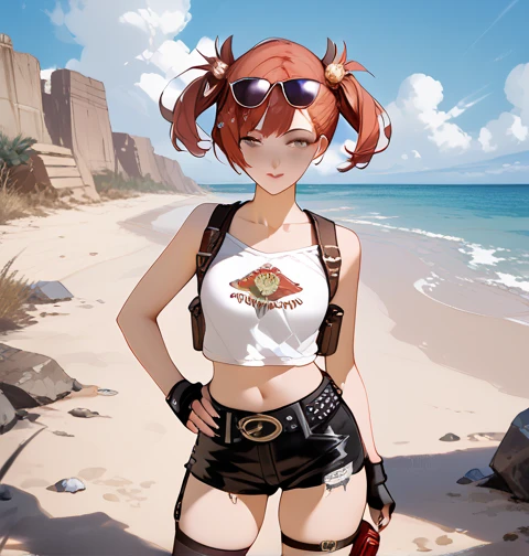  1girl,one,_ZZZ,  Short hair,  short double tails,   hair ornament behind the school , beach, having fun,  facing the viewer , very sexy, erotica,  leans forward,  sunglasses , on the head , desert area,  eyes against the background of an abandoned gas sta...