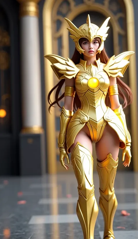 "Create an image of a strong and elegant female warrior wearing a golden armor inspired by Saint Seiyas Gold Cloth. The armor is intricately designed with ornate patterns and celestial motifs, including large shoulder plates, a glowing centerpiece on the c...