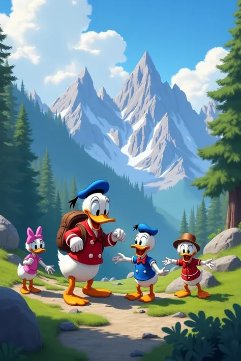 Take a picture of the Donald Duck family in the mountains