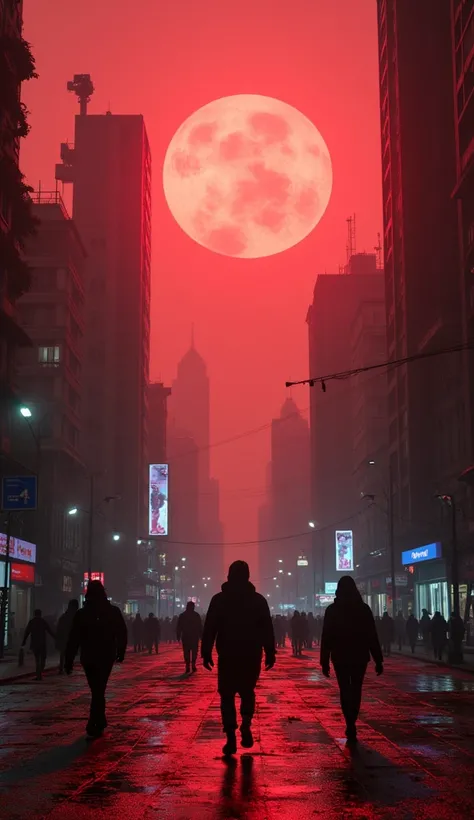 A panoramic view of a dark, futuristic city under a blood-red sky, dystopian era, citizens walking with glowing marks, a desolate urban setting with broken structures and holographic billboards, background showing giant machines monitoring the streets, wid...