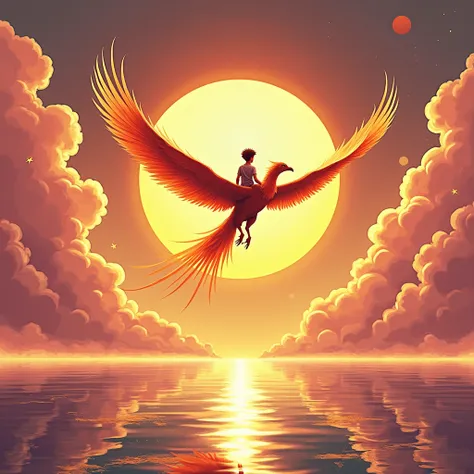  I need an illustration from the book  . in it,  a boy is sitting on a phoenix ,  flying among the pink clouds and over the sea  .  They turned their backs to the screen  .  The sun is red in front of them and can only be seen from the shadows .  I need th...