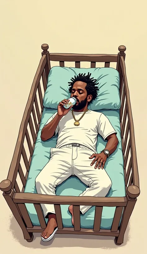 The image shows an illustration of a white rapper, drinking from a baby bottle. He is lying in a crib. Sarcastic image.
