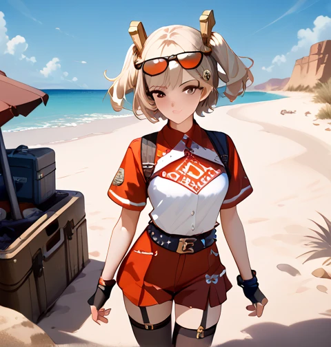  1girl,one,_ZZZ,  Short hair,  short double tails,   hair ornament behind the school , beach, having fun,  facing the viewer , very sexy, erotica,  leans forward,  sunglasses , on the head , desert area,  eyes against the background of an abandoned gas sta...