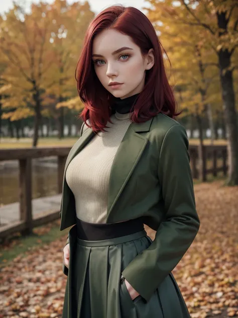 (best quality), 1girl, Female, pale skin, (burgundy red hair), swoopy hair, hair over shoulder, hair over one eye, green eyes, perfect eyes, black turtleneck, grey long jacket, dark green maxi skirt, crow feather accessoires, small bust, stoic, masterpiece...