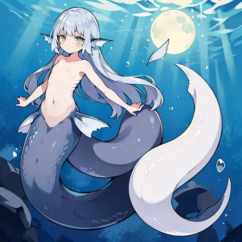 eel mermaid, eel fin, eel body,too long body, gray body, white belly, luster, flat chest、 swimsuit