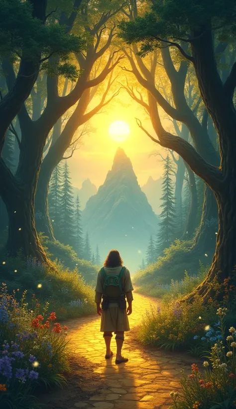 An adventurous man in simple but sturdy clothing stands at the start of a golden path in an enchanted forest..  The trees on both sides have shining leaves that change color gently to gold , emerald and sapphire.  The branches form natural arches full of l...