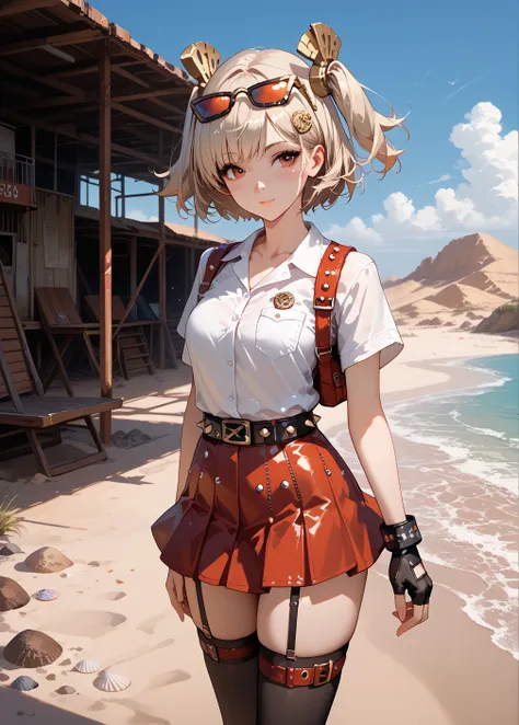  1girl,one,_ZZZ,  Short hair,  short double tails,   hair ornament behind the school , beach, having fun,  facing the viewer , very sexy, erotica,  leans forward,  sunglasses , on the head , desert area,  eyes against the background of an abandoned gas sta...