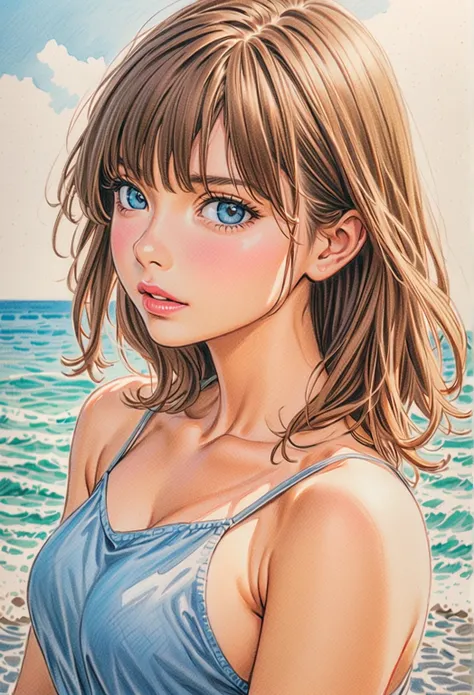  Girl，Short camisole，brown hair, ocean blue eyes, white，Art，Ad，colour pencil drawing，(((The best beautiful girl ever))), Lips in love, Mai Yoneyama style