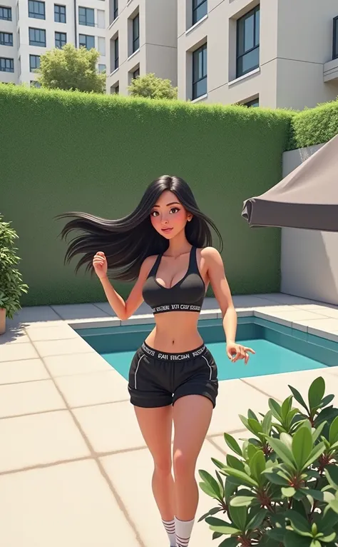 Woman 30 years, long straight black hair, wearing black sports bra with white Victoria’s Secret lower trim name with black sweat shorts and white low socks. At backyard with small square pool with green grass wall in the back and white modern low rise apar...