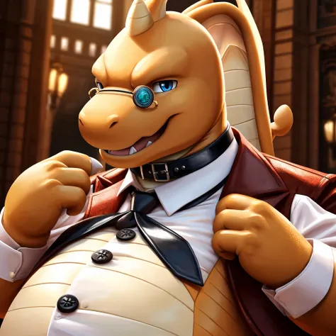 Solo, close up, Male, fat, extremely obese, gentleman, dapper Magician Dragonite, blue eyes, wearing a top hat, wearing a glossy leather collar, wearing the leather collar and necktie at the same time, (posing:1.3), (soft shading), 4k, hi res, ((detailed f...