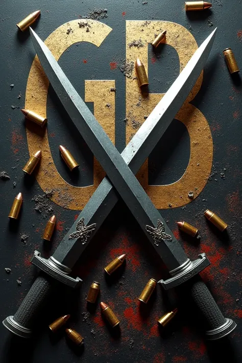 Create a book cover with crossed weapons and behind the weapons is a company with the G logo&b,    bullets everywhere and grenades 